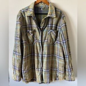 Free People Washed & Destructed Plaid Studded Fringe Ripped Shacket!